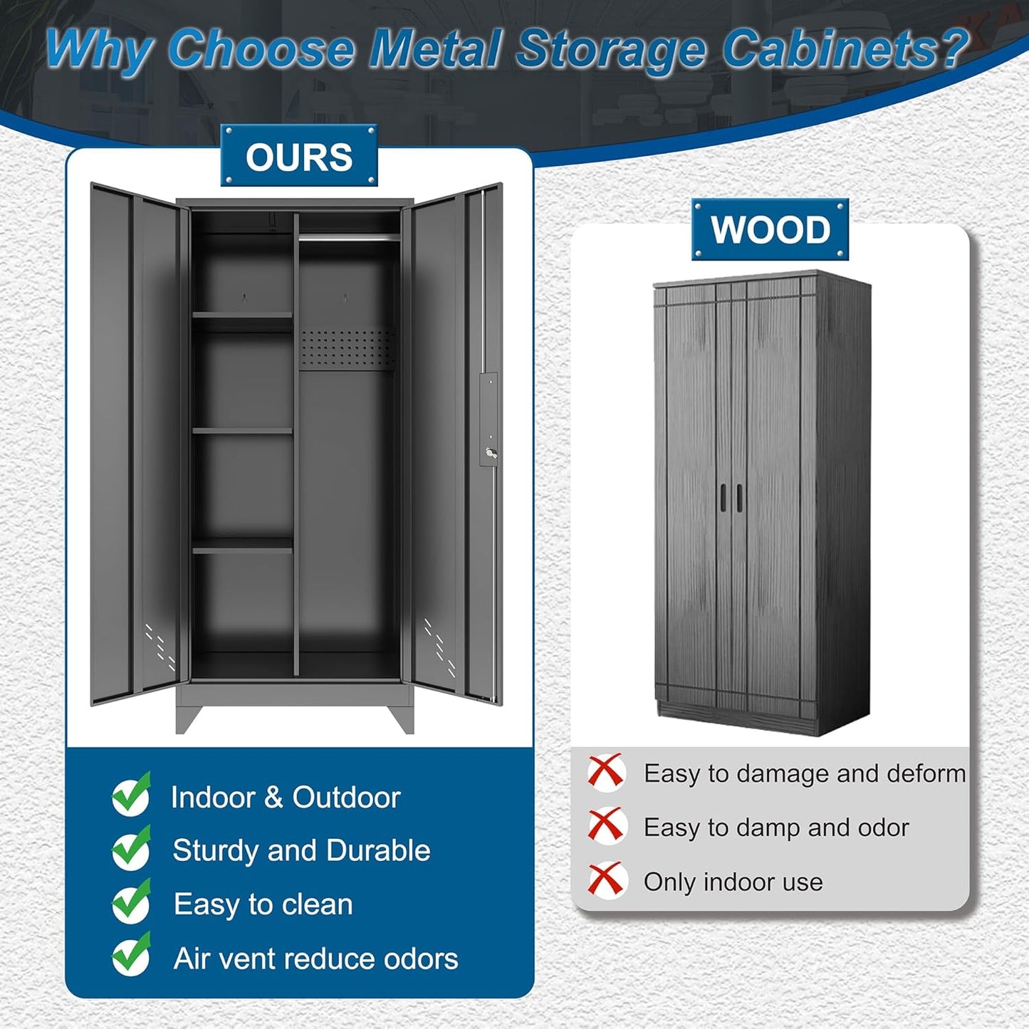 61" H Metal Storage Cabinet, Storage Shed with Shelves for Brooms and mops, Cleaning Supplies Closet with Removable Pegboard for Outdoor, Garage, Utility Room