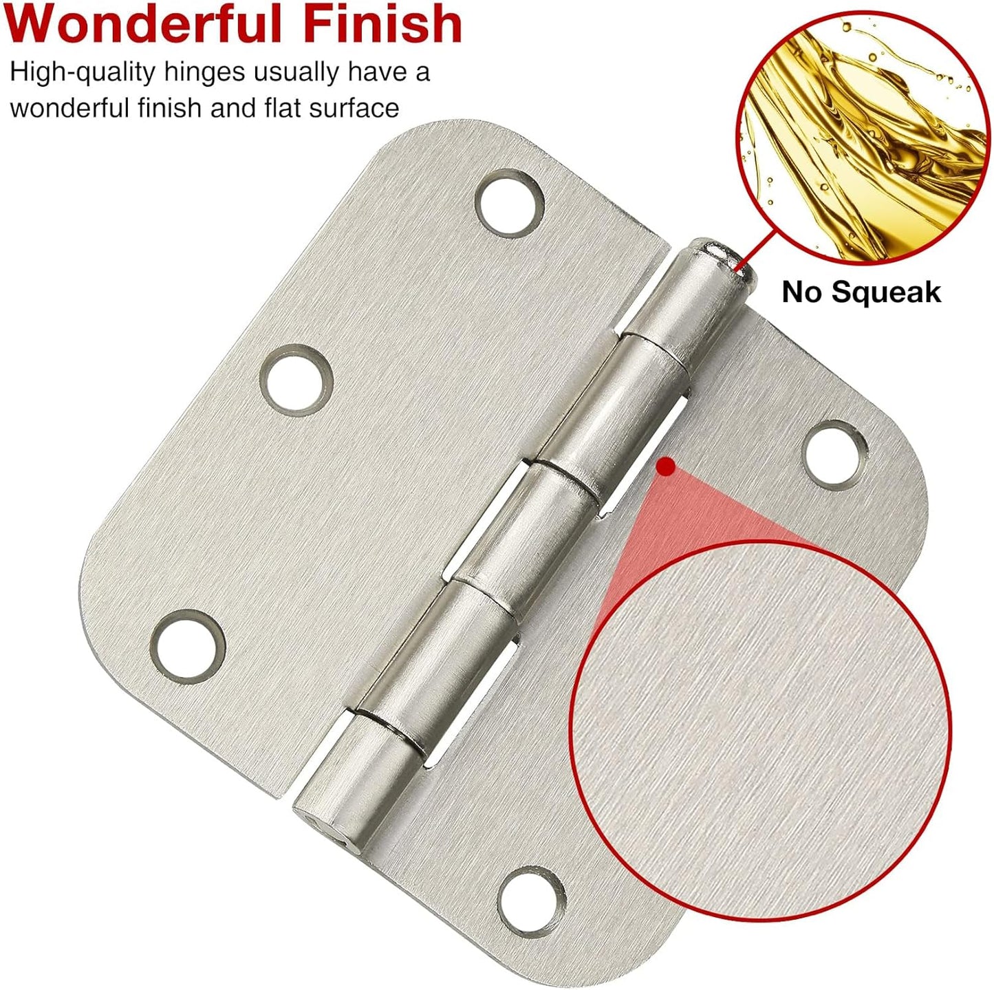 6 Pack Rounded Brushed Nickel Door Hinges 3.5 x 3-1/2" Inch, 5/8" Radius Interior Hardware 3 ½"Cottage Flat Bungalow Mobile Home Skyscraper Indoor Hinge for Doors Use Renovate Bedroom Kitchen