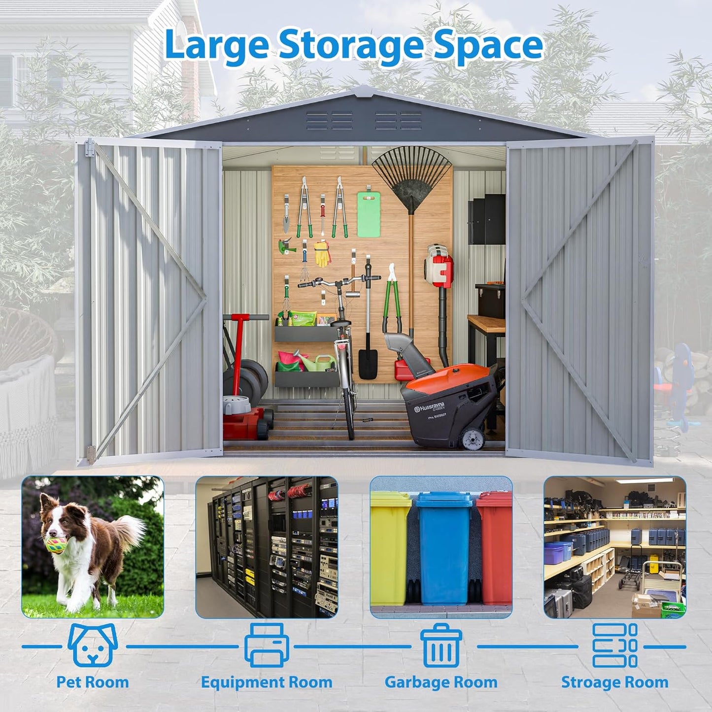 8 x 6 FT Outdoor Storage Metal Shed, Bike Garden Tool Shed with Slooping Roof, Lockable Doors and Aluminum Frames, Shed Easy to Assemble for Garden, Patio, Lawn, Grey