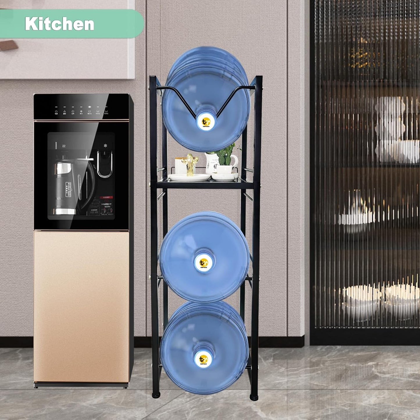 5 Gallon Water Jug Holder with 3-Tier Storage Shelves - Heavy Duty Stand with Fast Flow Spout - Fits 55mm Water Bottle - For Kitchen, Living Room, Office - Black