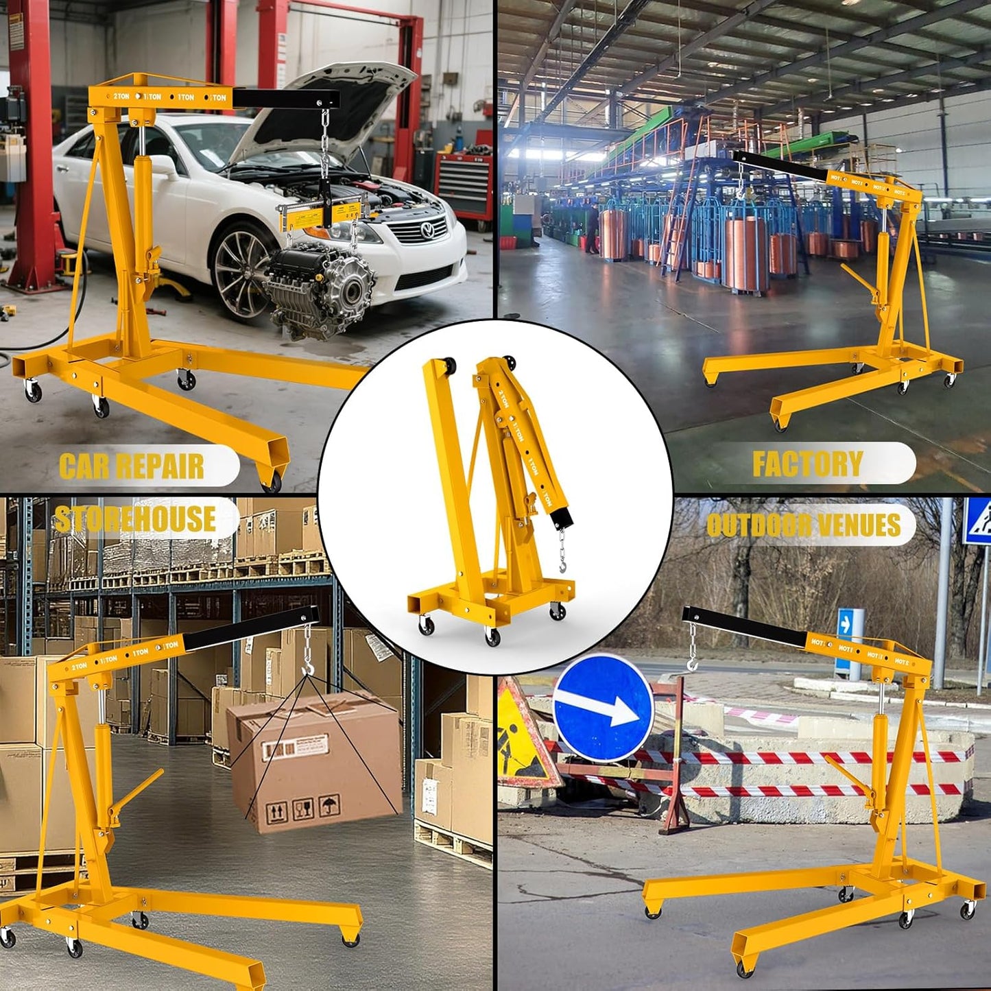 3 Ton Engine Hoist, Folding Hydraulic Cherry Picker Engine Lift, 6500LBS Alloy Steel Engine Crane with Lever, 6 Swivel Wheels and Engine Leveler, Garage Auto Repair Tools (2Ton Yellow)