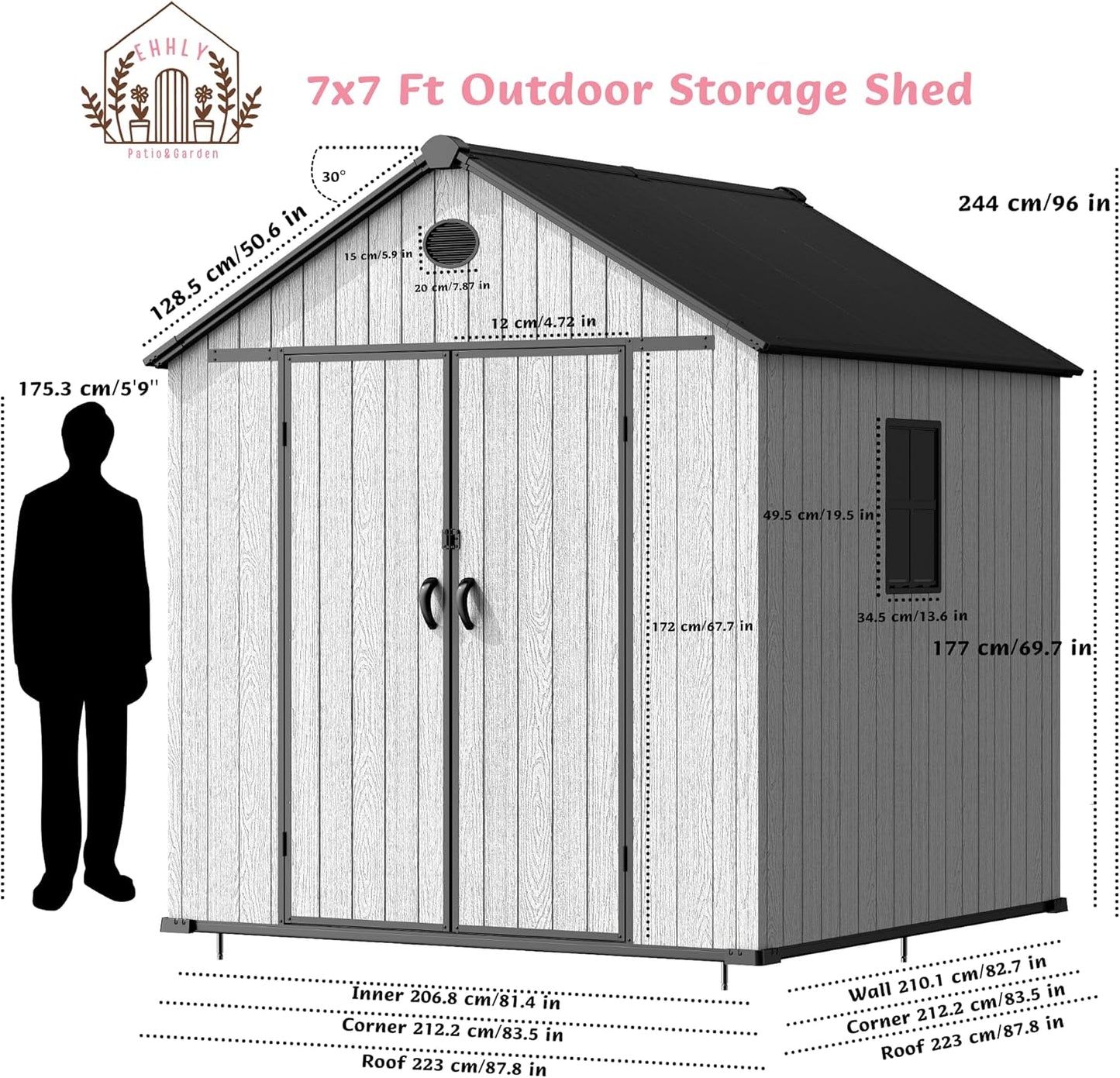 7.3x7.3 FT Resin Outdoor Storage Shed Large, 376 Cuft Garden Tool Sheds & Outdoor Storage Plastic Shed with Floor, 8FT Tall Backyard Lawn Mower Storage Shed with Side Window, Cemented Grey