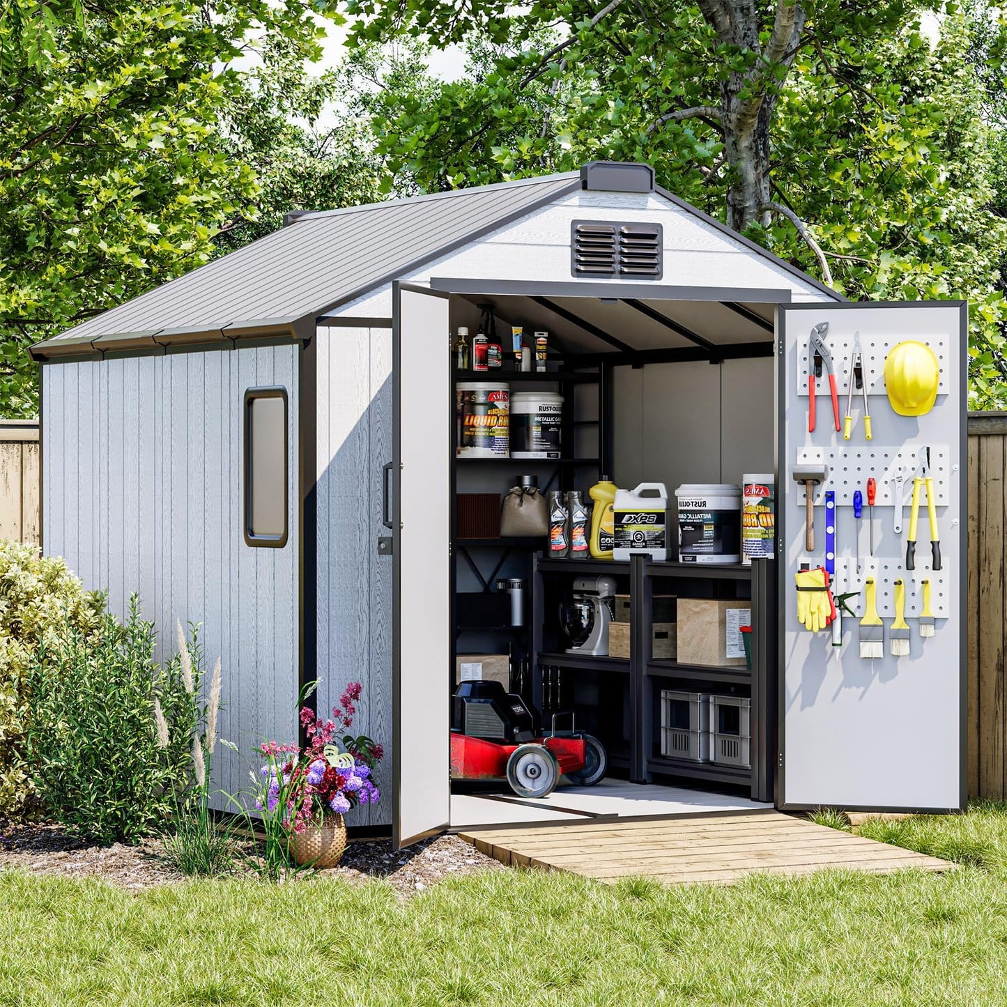 8 x 8 FT Resin Tool Shed, All-Weather Outdoor Storage Shed with Floor, Lockable Doors & Windows, Plastic Garden Shed for Poolside, Backyard, Patio