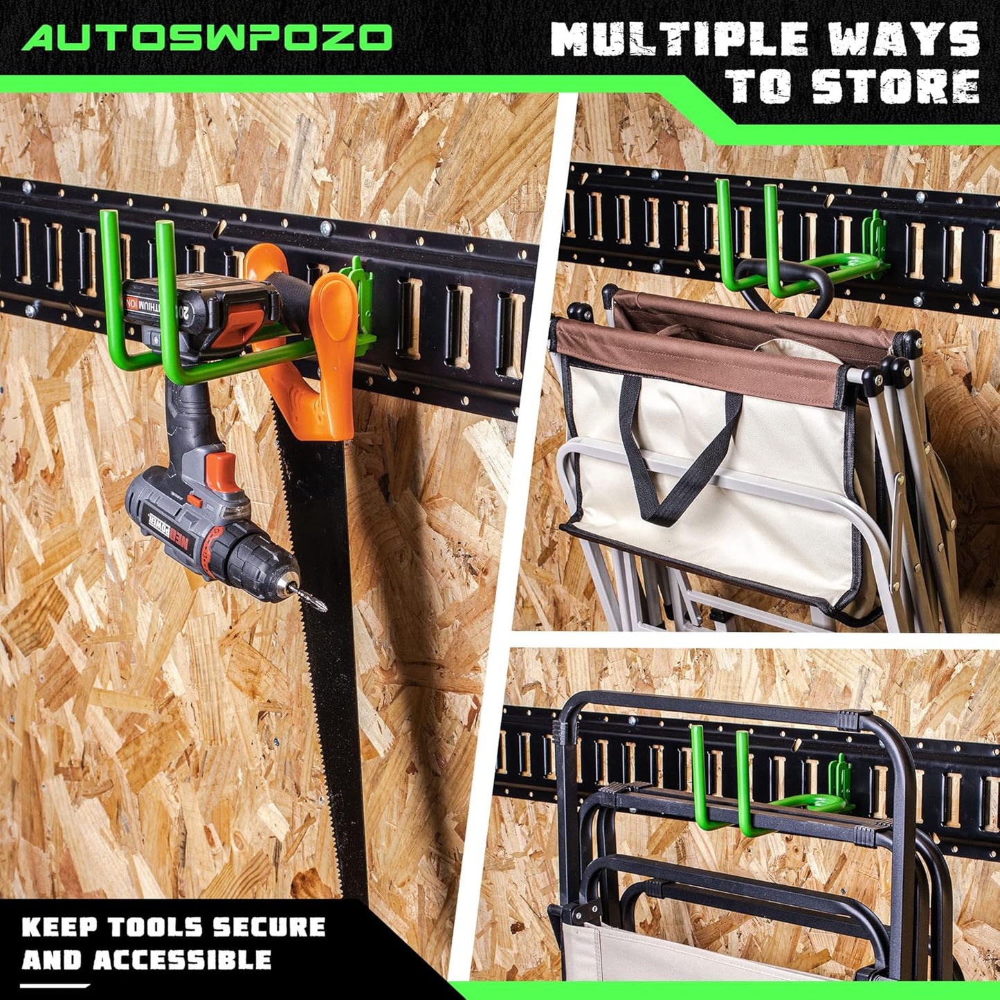 8-Pack E-Track Heavy Duty Shovel/Tool Hanger - E Track Hooks for Tools, Rakes, Spades in Trailers, Trucks, Workshop and Warehouse - Green