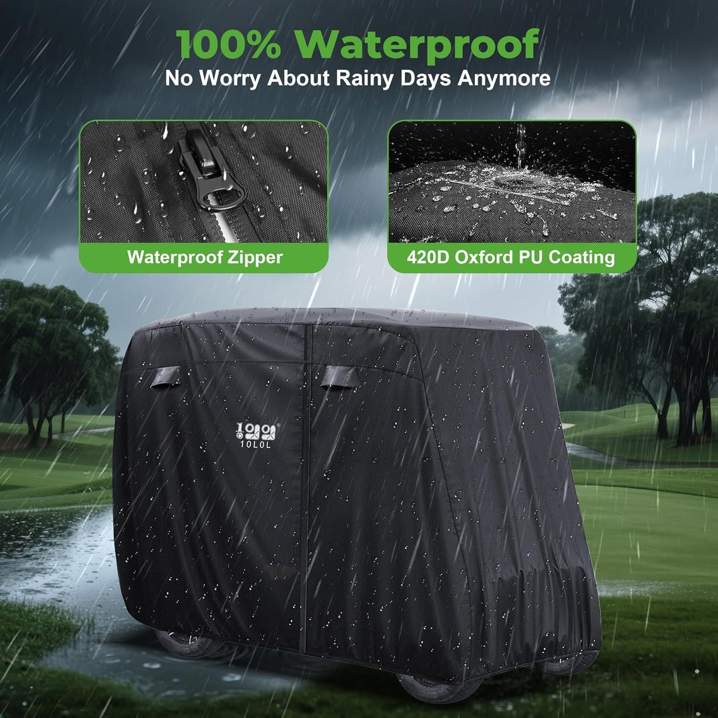 10L0L 4 Passenger Golf Cart Cover for Yamaha EZGO Club Car, 400D Polyester All-Weather Waterproof Golf Cart Storage Cover with Three Zipper Doors-Black