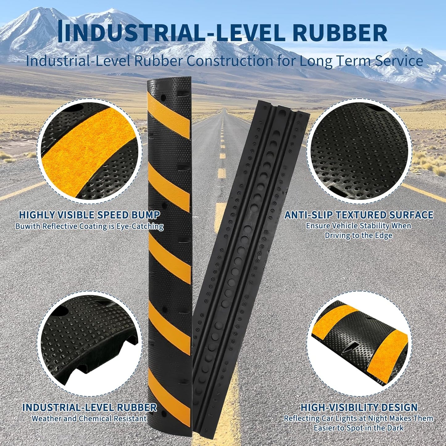 6FT Speed Bumps Wite End for Road, Heavy-Duty 25,000 Lbs Capacity Traffic Rubber Speed Humps with 2 Channel Floor Cord Cover for Asphalt Concrete Gravel Driveway Road