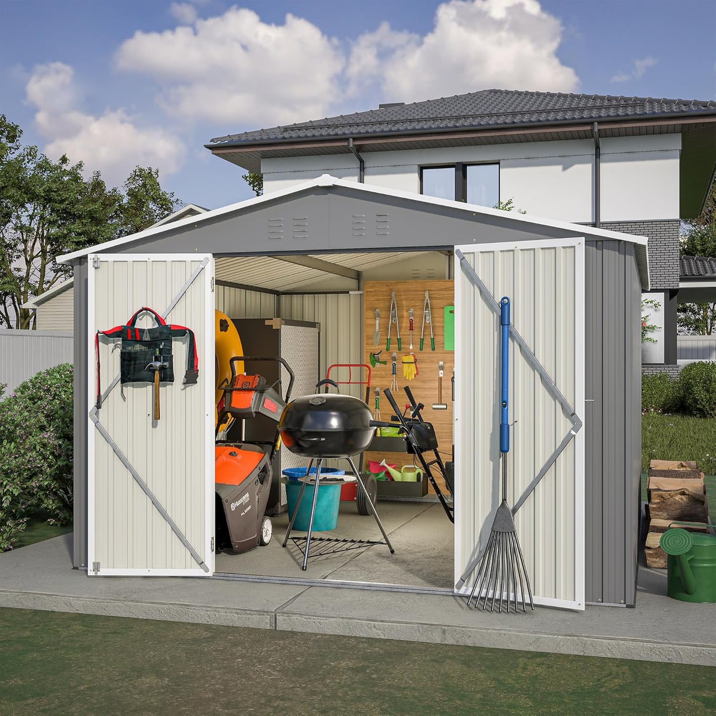10x10 FT Outdoor Storage Shed, Large Metal Tool Sheds with Updated Frame Structure and Lockable Doors, Garden Shed for Backyard Garden Patio Lawn