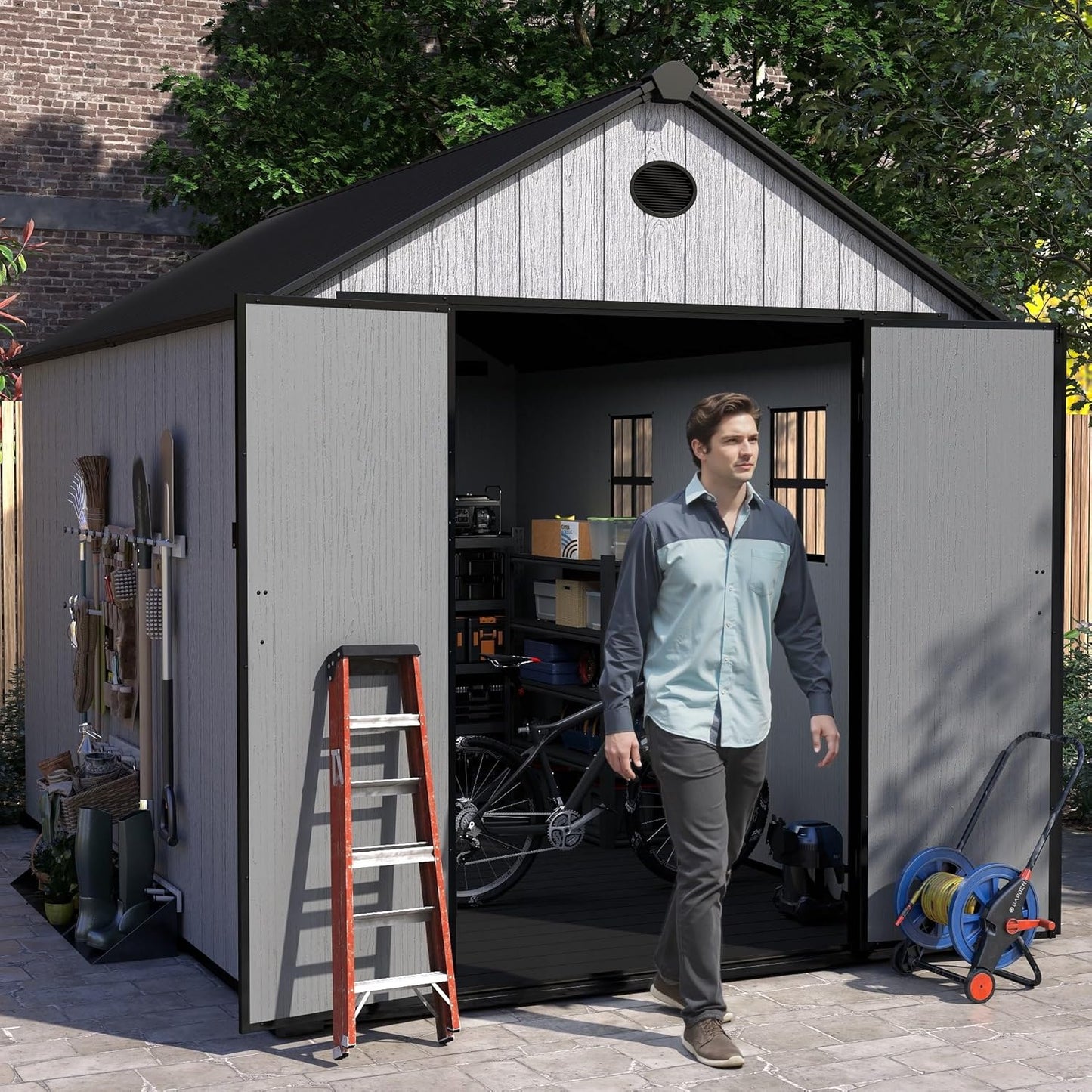 7.3x11.2 FT Resin Outdoor Storage Shed Large, 566 Cuft Garden Tool Sheds & Outdoor Storage Plastic Shed with Floor, 8FT Tall Backyard Lawn Mower Storage Shed with Side Window, Cemented Grey