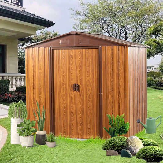 6x6 FT Outdoor Storage Shed, Metal Garden Shed with Frame Floor, Outside Tool Shed with Lockable Sliding Doors, Waterproof Storage Building with Sloped Roof for Backyard, Patio, Lawn, Coffee