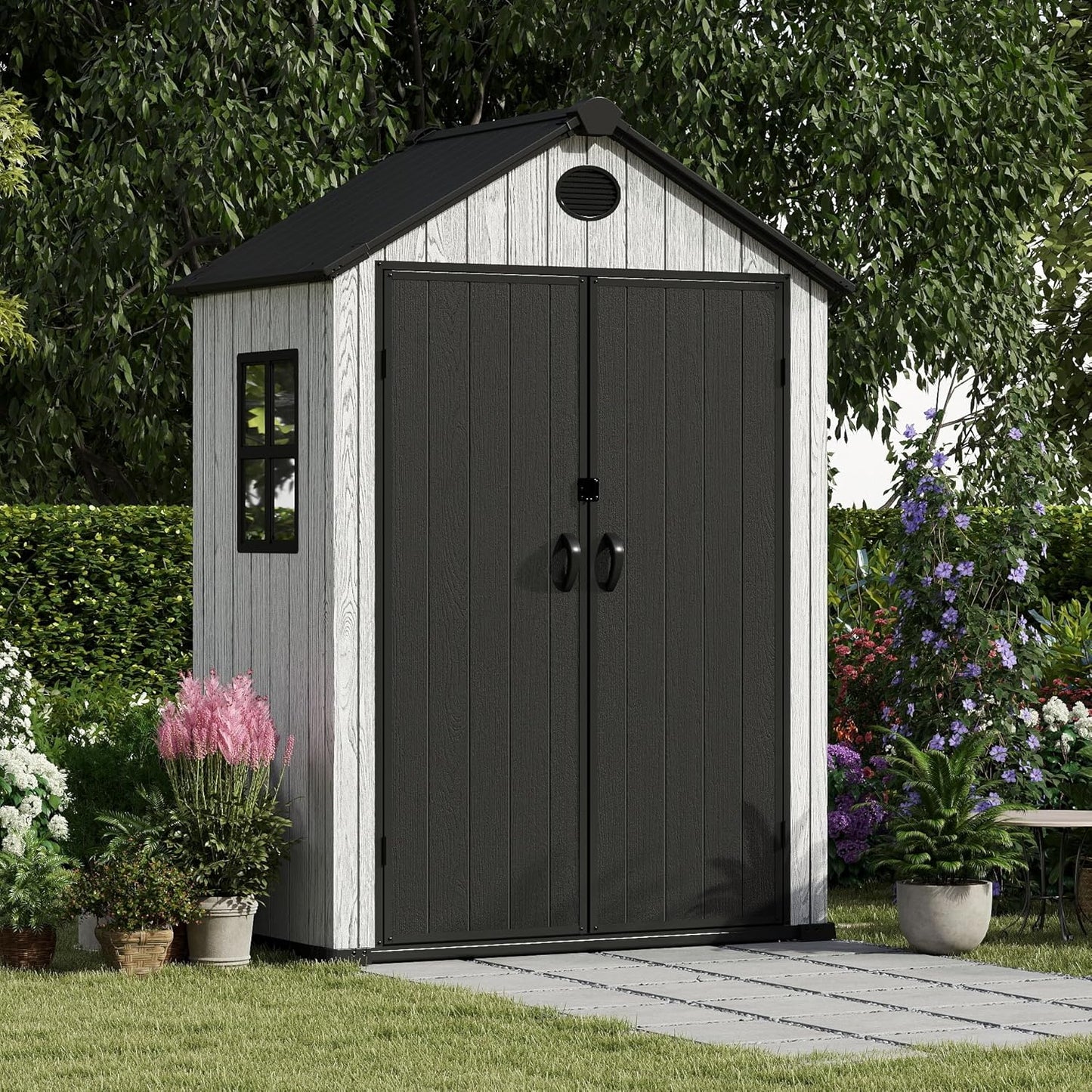 5.3x3.4 FT Resin Outdoor Storage Shed, 135 Cuft Garden Tool Sheds & Outdoor Storage Plastic Shed with Floor, 7FT Tall Outside Lawn Mower Storage Shed with Side Window, Cemented Grey Black
