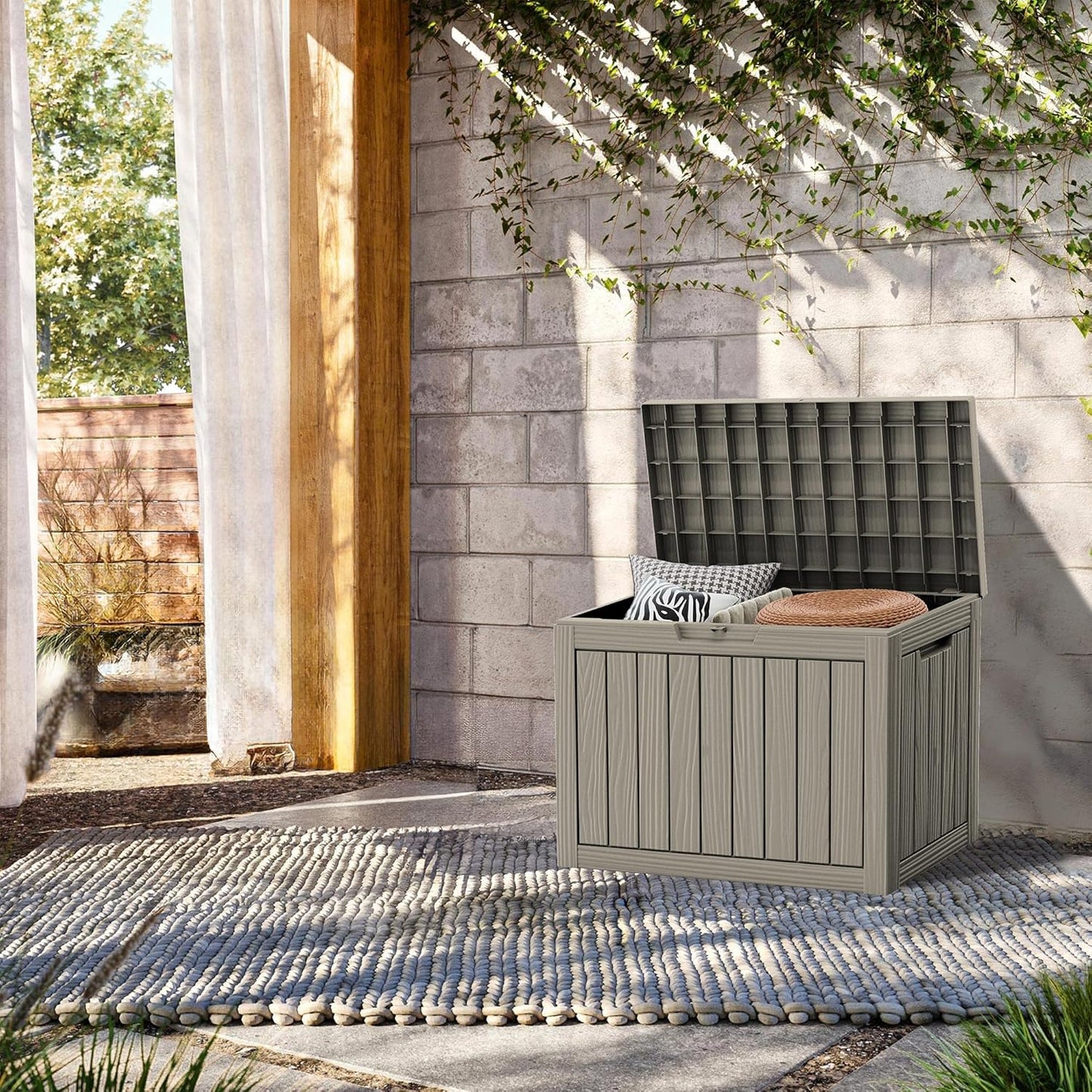 45 Gallon Lockable Resin Deck Box, Waterproof & UV-Resistant Outdoor Storage Box for Outdoor Cushion Storage, Garden Tools & Pool Accessories Storage, Gray