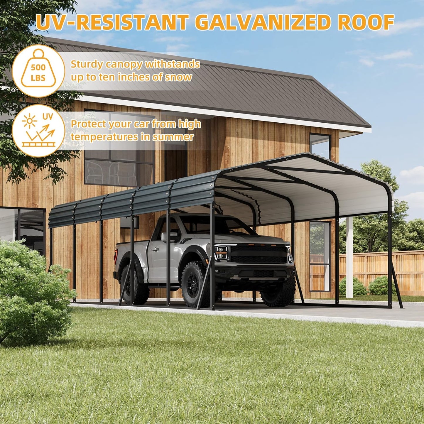 12x24FT Metal Carport Kits with Galvanized Steel Roof, Heavy Duty Metal Roof Carport with Enhanced Base, Tall MetalCarport Kits Garage for Tractors, Pickup, Boat, Car