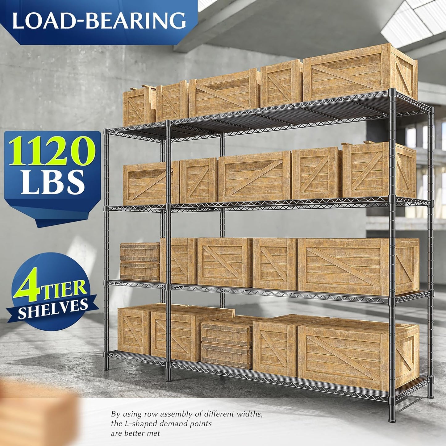 52.36''W Storage Shelves Metal Shelving Unit Load 1120LBS 4 Tier Wire Shelving for Storage Rack Adjustable Garage ShelvingGHeavy Duty for Pantry Kitchen Garage,52.36Wx13.78Dx59H,2PCS