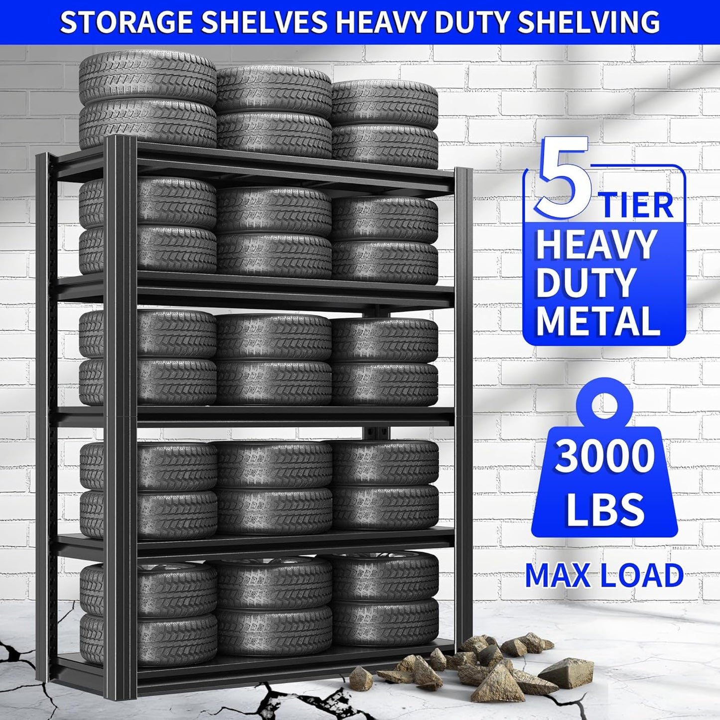 72" H Metal Storage Shelving, 3000LBS Heavy Duty Shelves Unit, Adjustable 5 Tier Storage Rack, Industrial Utility Shelf for Garage, Warehouse, Bedroom, Kitchen,24" D×48“W×72”H, Black