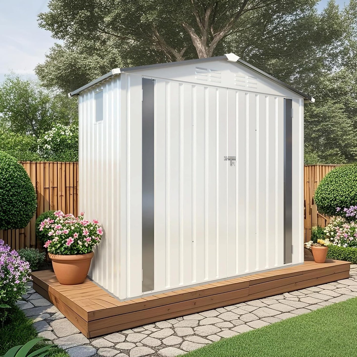 6X3.5 FT Outdoor Storage Shed with Window, Metal Garden Sheds w/Lockable Door and Vents, Waterproof Steel Tool House for Backyard, Patio, Lawn, Sundries & Utility Storage, White
