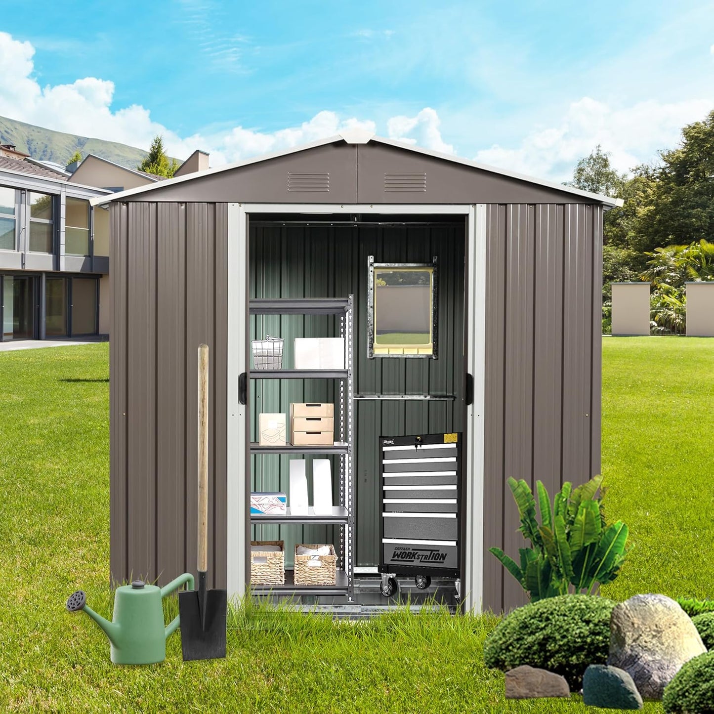 8 x 4 FT Outdoor Storage Shed, Large Metal Utility Garden Shed with Sliding Doors Sliding Doors, Waterproof Sloping Roof, Air Vents, Tool Storage House for Backyard Lawn, Gray