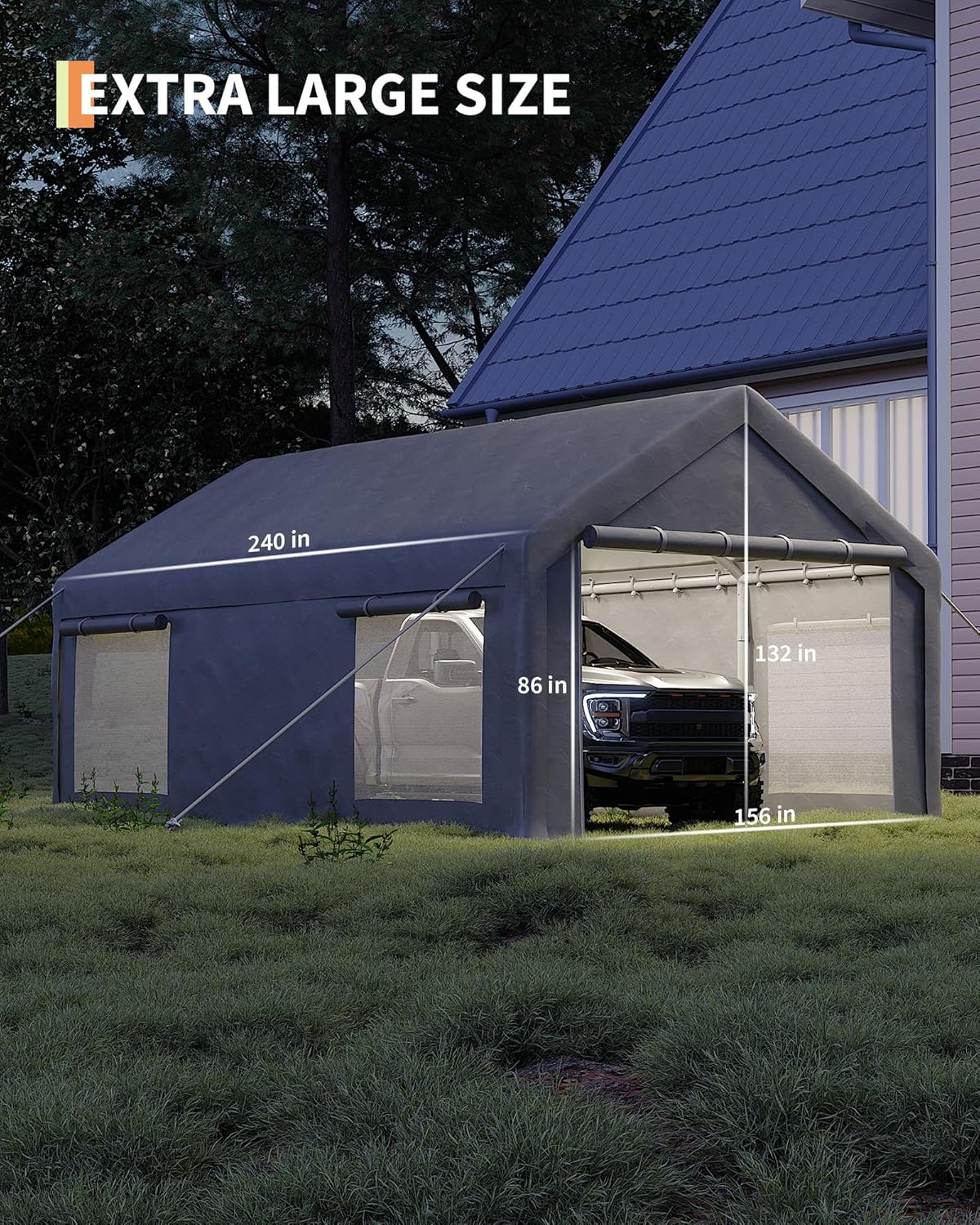 13x20 Ft Carport with 8 Sandbags, Car Port with 220g PE Tarp, 2 Roll-Up Doors, and 4 Windows, for Full-Size Pickups, Bass Boats, Tractors, and SUVs, Gray