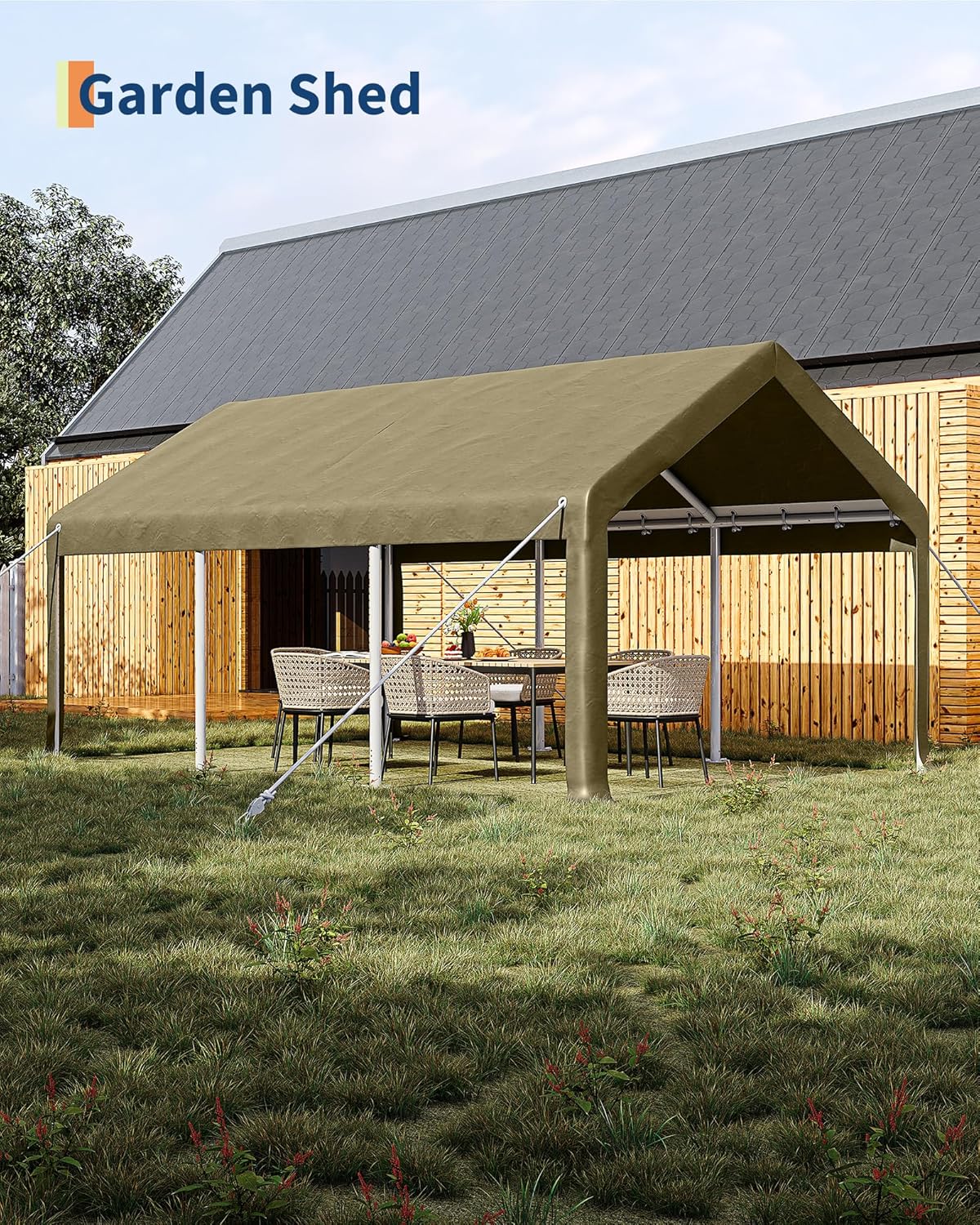 10x20 Ft Carport, Car Port with 200g PE Tarp, Roll-Up Doors, and 4 Windows, for Sedans, Bass Boats, Motos, ATVs, and SUVs, Khaki