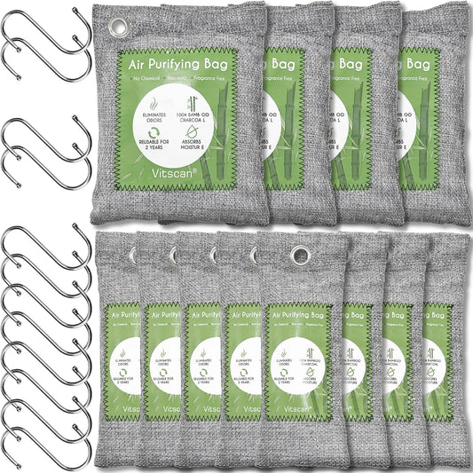 12 Pack Bamboo Charcoal Air Purifying Bag, Activated Charcoal Bags Odor Absorber, Moisture Absorber, Natural Car Air Freshener, Shoe Deodorizer, Odor Eliminators For Home, Pet, Closet (8x50g, 4x200g)
