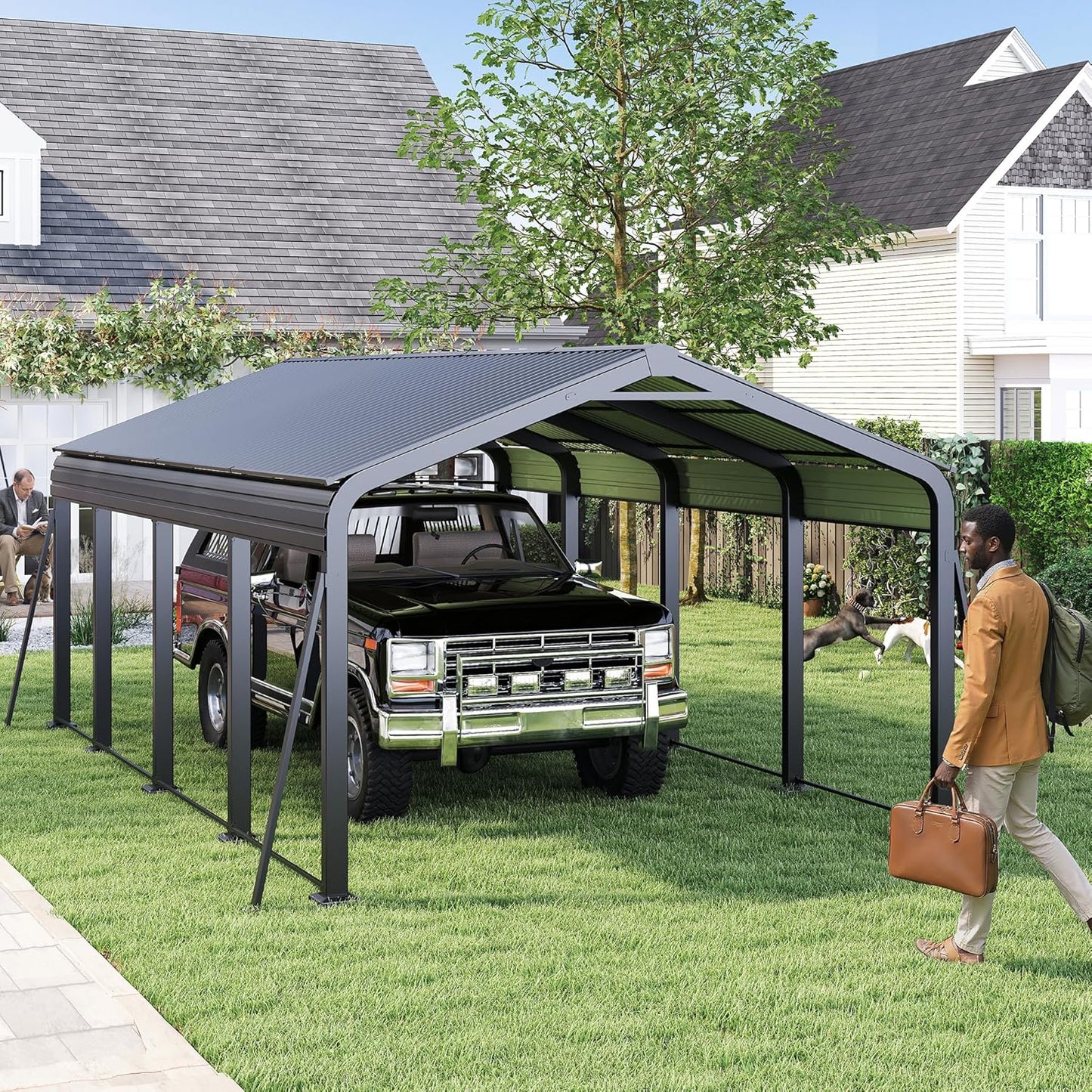 12x20 FT Metal Carport, Heavy Duty Car Port Canopy with Galvanized Steel Roof & Frame, Large Metal Carport Kit, Outdoor Car Garage, Steel Car Shelter for Car, Boat, Truck, Dark Gray