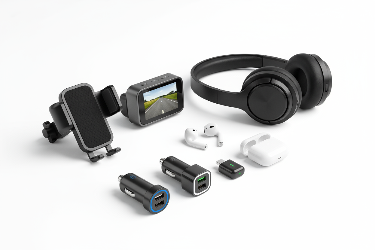 Phone mounts, dash cams, Bluetooth devices, and chargers. (make it real photo)