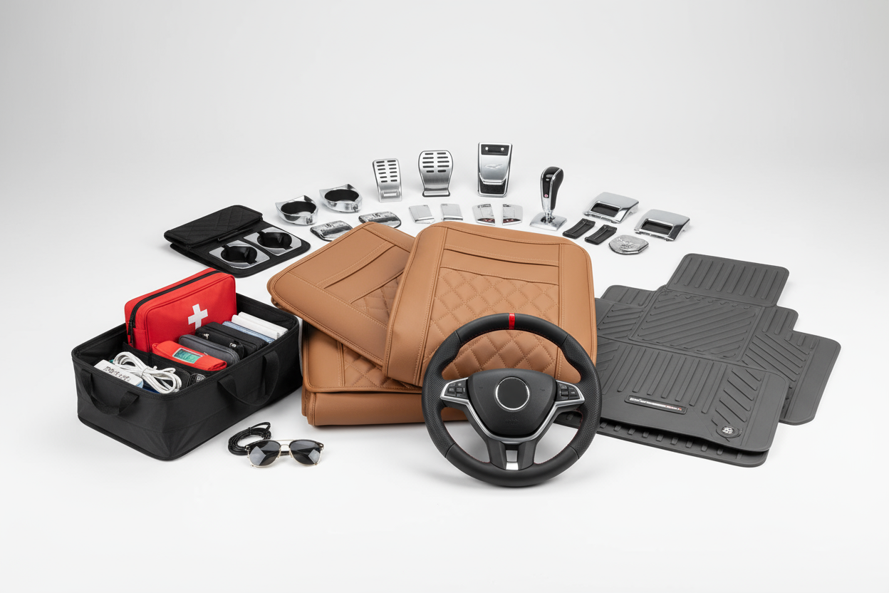 Seat covers, organizers, floor mats, steering wheel covers, and more. (make it real photo)