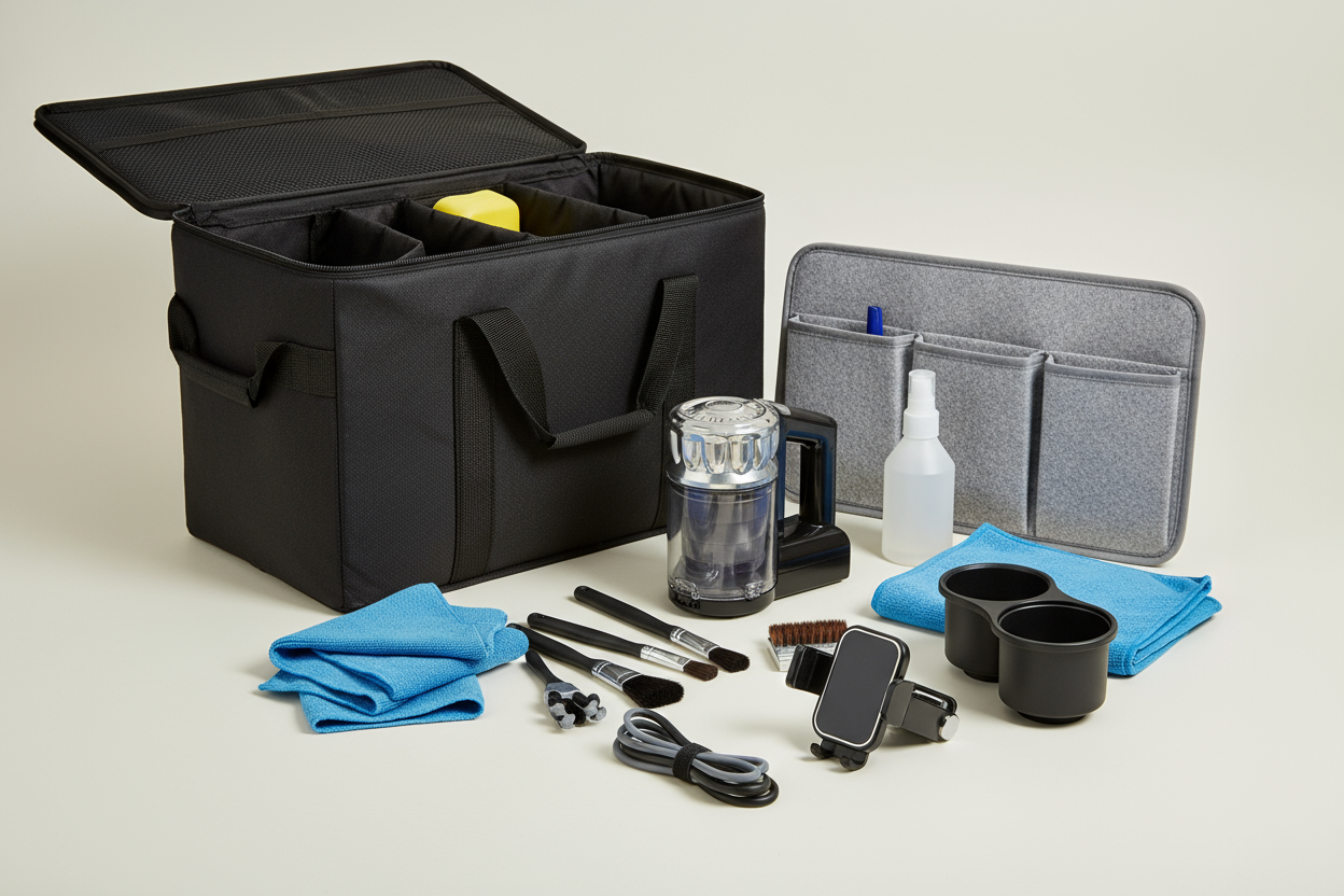 Travel organizers, cleaning tools, and practical add-ons for every driver. (make it real photo)